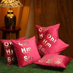HOSTA HOMES Maroon & Gold-Toned Set of 5 Foil Printed Velvet Square Cushion Covers-48