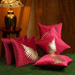 HOSTA HOMES Maroon & Gold-Toned Set of 5 Floral Velvet Square Cushion Covers-15