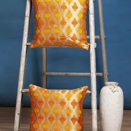 Alina decor Yellow & Gold-Toned Set of 2 Ethnic Motifs Brocade Square Cushion Covers-34