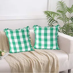 Lushomes Green & White Set of 2 Checked Square Cushion Covers-14
