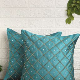 Alina decor Teal & Gold-Toned Set of 2 Embroidered Square Cushion Covers-image-71