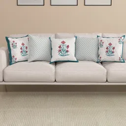 ROSARA HOME Zoya Blue & White 5 Pieces Ethnic Printed Square Cushion Covers-57