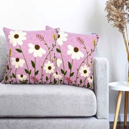 Vinayaka Fab Pink & White 2 Pieces Floral Embroidered Linen Square Cushion Covers-image-82