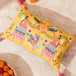 Chumbak Marigold Yellow & Blue Quirky Printed Rectangle Cushion Covers-4