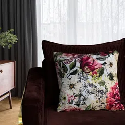 Tasseled Home Beige & Pink Floral Velvet Square Cushion Cover-image-97