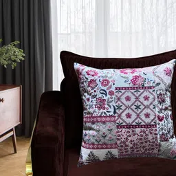 Tasseled Home Beige & Pink Floral Velvet Square Cushion Cover-image-26