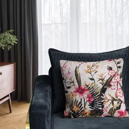 Tasseled Home Pink & Green Floral Velvet Square Cushion Cover-image-4