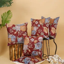 DREAM WEAVERZ Maroon & Blue 5 Pcs Floral Velvet Square Cushion Covers-image-99