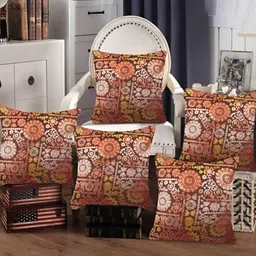Tesmare Brown & Rust 5 Pieces Ethnic Motifs Printed Velvet Square Cushion Covers-10