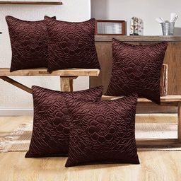 Kuber Industries 5 Pieces Brown Velvet Square Cushion Covers-36