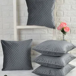 HOMADORN Grey 5 Pieces Geometric Velvet Quilted Square Cushion Covers-16