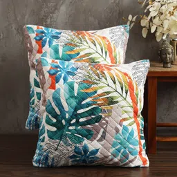 Soumya White & Blue 2 Pieces Geometrical Printed Quilted Square Velvet Cushion Covers-image-43