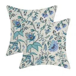 INDHOME LIFE White & Blue Set of 2 Cotton Reversible Floral Square Cushion Covers-image-36