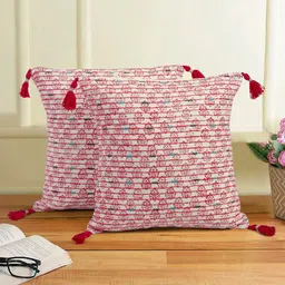 eyda White & Pink 2 Pcs Floral Printed Cotton Square Cushion Covers-33
