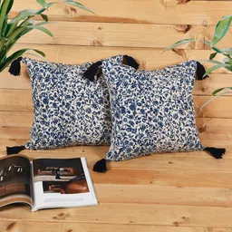 KRAVIKA Navy Blue & White 2 Pieces Floral Printed Embellished Cotton Square Cushion Covers-image-19