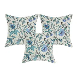 INDHOME LIFE Cream-Coloured & Blue Set of 3 Floral Square Cushion Covers-5