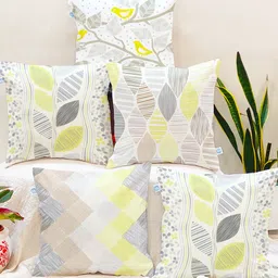 STITCHNEST Yellow & White Set of 5 Floral Square Cushion Covers-31