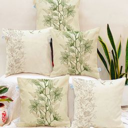 STITCHNEST Cream-Coloured & Green Set of 5 Floral Square Cushion Covers-29