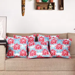 NISRAG HOME Red & Blue 5 Pcs Floral Printed Square Cushion Covers-16