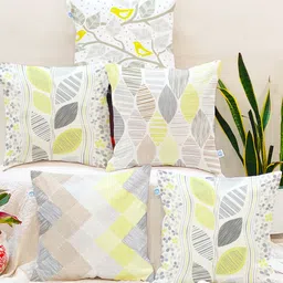 STITCHNEST White & Yellow Set of 5 Floral Square Cushion Covers-42