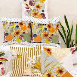 STITCHNEST Set of 5 Yellow & White Floral Square Cushion Covers-17