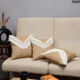 ANWYN Brown & White 3 Pieces Embellished Cotton Square Cushion Covers-55