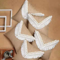 ANWYN Brown & White 5 Pieces Embellished Jute Cotton Square Cushion Covers-19