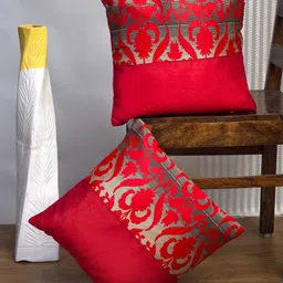 Alina decor Red & Gold-Toned Set of 2 Ethnic Motifs Square Cushion Covers-5