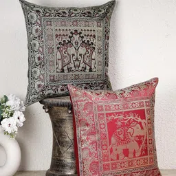 Dhrohar Green & Red 2 Pieces Ethnic Motifs Brocade Square Shaped Cushion Covers-12