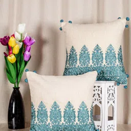 SHADES of LIFE Pack of 5 Beige & Blue Ethnic Motifs Cotton Square Cushion Covers-23