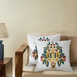 TARAN LIVING White & Orange 2 Pieces Cotton Ethnic Motifs Square Cushion Covers-image-10