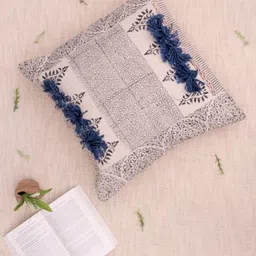 Art Avenue Off White & Blue Ethnic Motifs Embroidered Square Cotton Cushion Cover-image-13