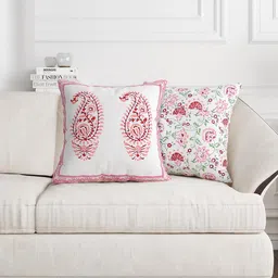 BLOCKS OF INDIA Pink & White Set of 2 Ethnic Motifs Square Cushion Covers-57