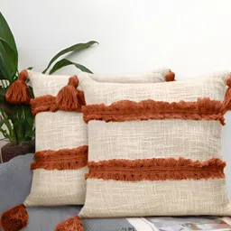 BIRD WING Cream Coloured & Rust Self Design 2 Pieces Cotton Square Cushion Covers-picture-7