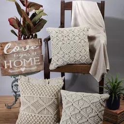 ANWYN Beige 3-Pieces Pure Cotton Macrame Square Cushion Covers-37