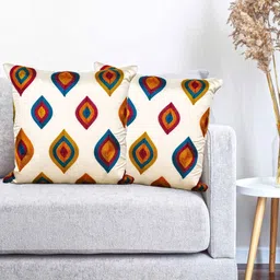Vinayaka Fab Cream-Coloured & Blue 2 Pieces Geometric Embroidered Square Cushion Covers-picture-52