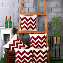 Nendle Beige & Maroon 5 Pieces Jute Cotton Geometric Square Cushion Covers-14
