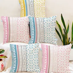 STITCHNEST Pink & Blue Set of 5 Geometric Square Cushion Covers-38