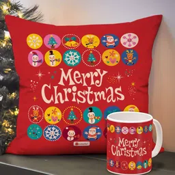 Indigifts Red & Yellow Merry Christmas Print Sweat Proof Square Cushion Cover & Coffee Mug-image-78
