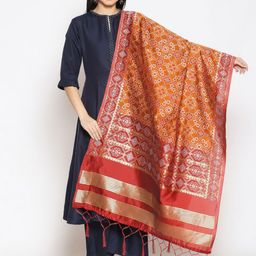 Dupatta Bazaar Orange & Red Ethnic Motifs Woven Design Dupatta-image-9
