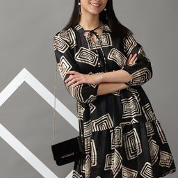 SHOWOFF Women Black & Beige Tie-Up Neck Satin Dress-image-16