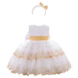 StyleCast Girls White & Brown Floral Embroidered Balloon Mini Dress With Hairband-image-20