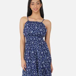 Antheaa Girls Navy Blue Floral Chiffon Ruched Skater Fit & Flare Dress-image-36