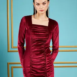 SASSAFRAS Maroon Square Neck Ruched Velvet Bodycon Mini Dress-image-10