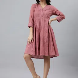 Janasya Women Coral Pink Cotton Solid Flared Western Dress-image-86