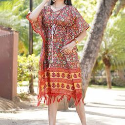 Kesarya Ethnic Motifs Printed Tie-Up Cotton Kaftan Ethnic Dress-image-12