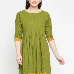 Kuber Studio Women Olive Green & Mustard Self Designed A-Line Dress-image-62