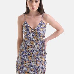 Kazo Shoulder Straps Abstract Printed Wrap Mini Satin Dress-image-62