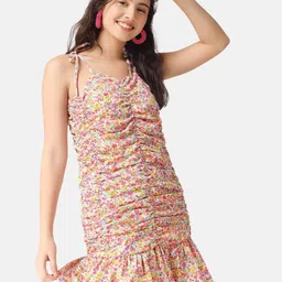 angloindu Floral Printed Shoulder Straps Gathered Ruched A-Line Dress-image-11