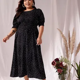 CURVY STREET Black Polka Dots Printed Flared Round Neck Puff Sleeve Blouson Dress-picture-51